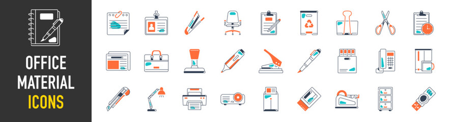 Office Material icons. glue, notebook, material, pen, scissors, stapler, ruler, eraser. Office tools and equipment vector set for education. Stationery shop accessories