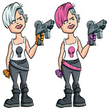 Fototapeta Dinusie - Cartoon girl holding up a laser pistol. She has cybernetic implants in her head. Two colour variants included