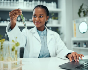 Science, black woman and happy for test tube plant progress, biotechnology results or botany research success. Natural medicine, development and female scientist smile for chemical solution process