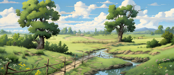 Rural Summer Landscape with Trees and Bridge: Illustrated for a Children's Book