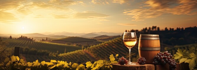 Glass Of Wine With Grapes And Barrel On A Sunny Background. Created with Generative AI technology.