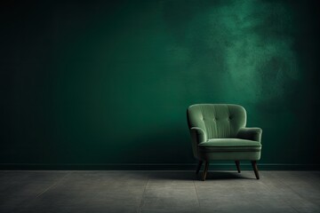 Canvas Print - A a contemporary green armchair in an empty dark green room.