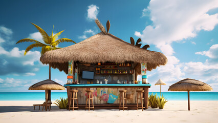 Wall Mural - tiki bar on the beach with a palm tree and a blue sky with clouds in the background, neural network generated image