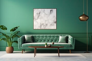 Sticker -  a living room with a green couch, marble table, blue wall, and hardwood flooring, in a modern vintage style.