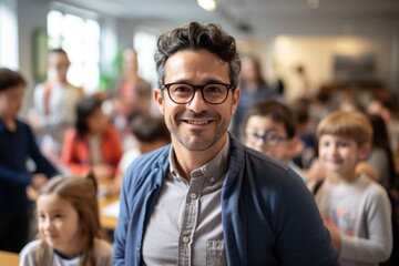 Portrait of a smiling male teacher in class at an elementary school looking at the camera