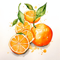 Wall Mural - Watercolor Tangerine Isolated on white, Fresh Citrus Fruit Slices with Water Drops