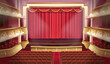 © NADEZHDA - Theater scene interior with balconies and seats. A theater stage with a red curtain and columns. Vector template illustration