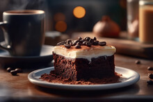 Chocolate Cake And Coffee. Chocolate Brownie, Dessert And Beverage