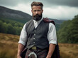 Bearded handsome man in a kilt in the Scottish countryside.  Sexy scot in traditional clothing. 