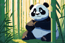 Cute Panda Resting While Looking At The Sun On The Bamboo. Generative Al
