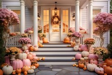 fancy luxury staircase of front porch with pink flowers and pastel color pumpkins halloween decorations
