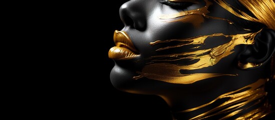 Wall Mural - young beautiful female with golden paint make up on black background, generative AI