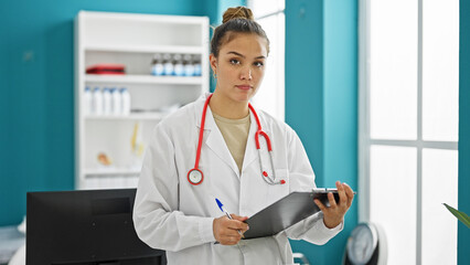 Canvas Print - Young beautiful hispanic woman doctor reading document on clipboard with serious face at clinic