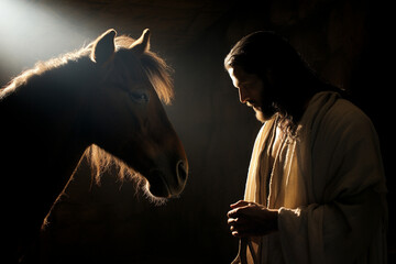 Wall Mural - The silhouette of Jesus in a humble stable, resonating with the humility and compassion of his message 