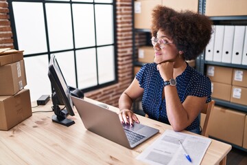 Poster - African american woman ecommerce business worker using laptop working at office