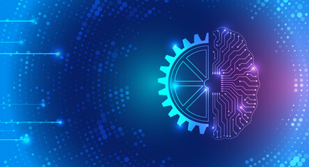 The abstract face of artificial intelligence. Digital brain, vector software digital code. Network interpretation. Head silhouette with particles on a dark blue background, data analysis, data science