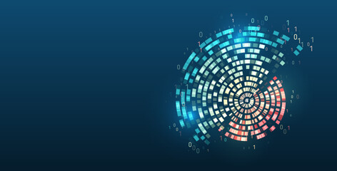 Vector technology background. Big data visualization. Abstract stream information with circles array and binary code. Information analytics concept. Filtering machine algorithms. Sorting data.