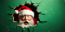 Christmas And New Year Concept, Santa Claus Wearing A Red Santa Hat Peeks Out Of A Hole In The Green Wall, Playful Santa Claus In Christmas, Surprise Santa Claus, Copy Space, Generative Ai