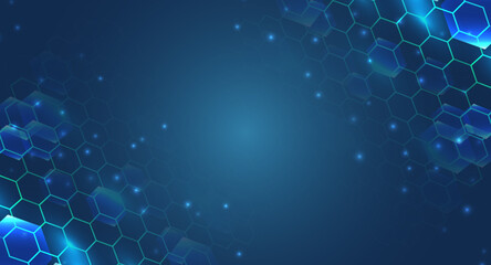 Abstract hexagons on the blue background. Hi-tech digital technology and engineering concept. Digital template with polygons for medical and science banners or presentations.