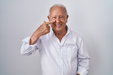 Wall Mural - Senior man with grey hair standing over isolated background pointing with hand finger to face and nose, smiling cheerful. beauty concept