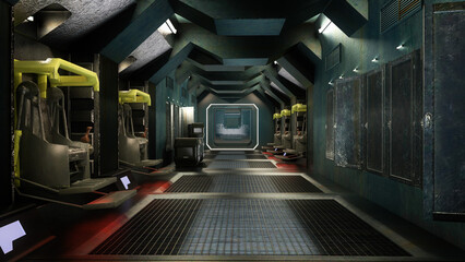 Wall Mural - dark moody futuristic science fiction fantasy space ship interior. 3d rendering.