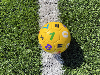 soccer ball on green grass and white line