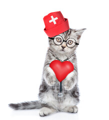 Sticker - Smart kitten wearing like a doctor with stethoscope on his neck standing on hind legs and holds red heart. isolated on white background