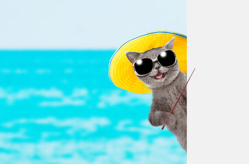 Poster - Happy cat wearing summer hat and sunglasses holds tropic cocktail and looks from behind empty white banner. isolated on white background