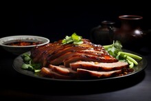 Realistic Closeup Minimalist Food Photography: Sliced Roasted Peking Duck On A Plate, Generative Ai