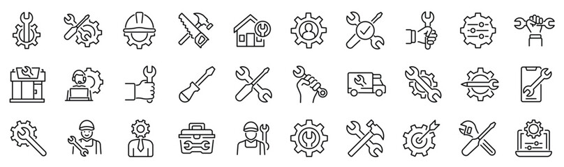 Set of 30 outline icons related to repair, maintenance. Linear icon collection. Editable stroke. Vector illustration