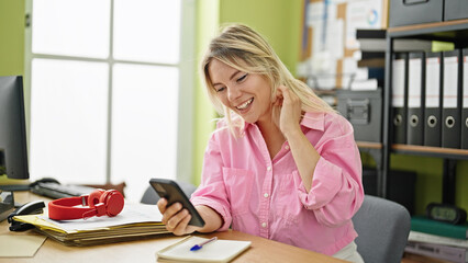 Sticker - Young blonde woman business worker using smartphone working at office