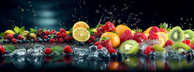 Wall Mural - Healthy food diet freshness concept. Fresh multi fruits splashing clean water. Isolated dark background AI generated.