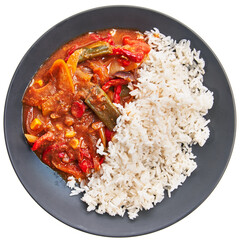 Poster -  Plate of delicious rice and vegetables tomato sauce over white isolated background