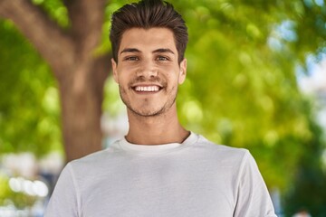 Wall Mural - Young hispanic man smiling confident standing at park