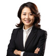 Business woman portrait isolated on white transparent background, Asian businesswoman in suit, crossed arms, PNG