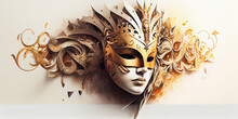 Venetian Carnival Mask, Watercolor. Golden Sun, Gold Venice Mask On A White Background