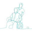 Professional caregiver looking after her patient. Wheelchair disability, rehabilitation line art.	
