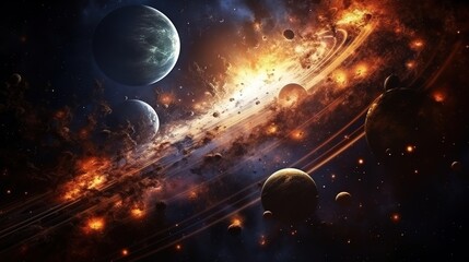 The sun illuminates the planets in space among the stars