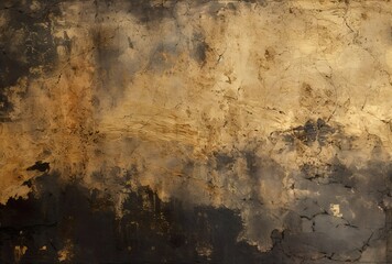 Black and gold texture of decayed, teared, weathered  stone, wall. Rococo elements on decayed, grunge, textured wallpaper.