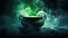 Cauldron With Green Glowing Potion Isolated On A Dark Foggy Background