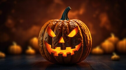 Carved pumpkin with a glowing face isolated on a dark bokeh background