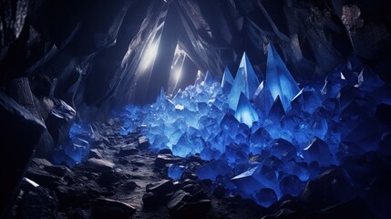 Poster - Underground cave with yellow crystals. night lighting