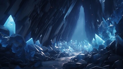 Poster - Underground cave with yellow crystals. night lighting