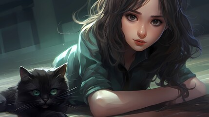 Wall Mural - Anime sexy girl and cat illustration.Phone Wallpaper.Character Design Concept Art Book Illustration Video Game Digital Painting. CG Artwork Background. Generative AI
