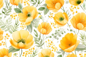 Wall Mural - Seamless Watercolor Patterns of Yellow Flowers and green leaves in pastel colors. Floral background