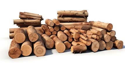 Wood trunks. Pile firewood, tree lumber, wood logs, logging twigs and wooden planks, stacked firewood material isolated on a white background