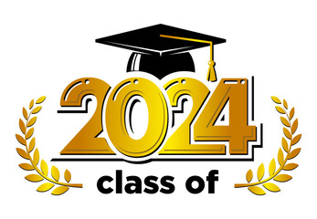 Wall Mural - 2024 class graduate. The concept of decorate congratulation for school graduates. Design for t-shirt, flyer, invitation, greeting card. Illustration, vector