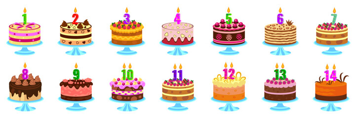 Wall Mural - Set of birthday cakes with burning  number candles. Vector. Holiday cakes.