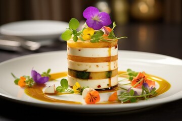 Wall Mural - Paneer cheese served in a restaurant on a plate, along with fruit jam and decorated with flowers