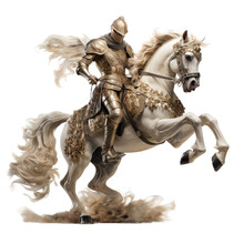 A Knight In Armor On A White Horse With A Sword In Motion In A Medieval-themed, Photorealistic Illustration In A PNG, Cutout, And Isolated. Generative Ai